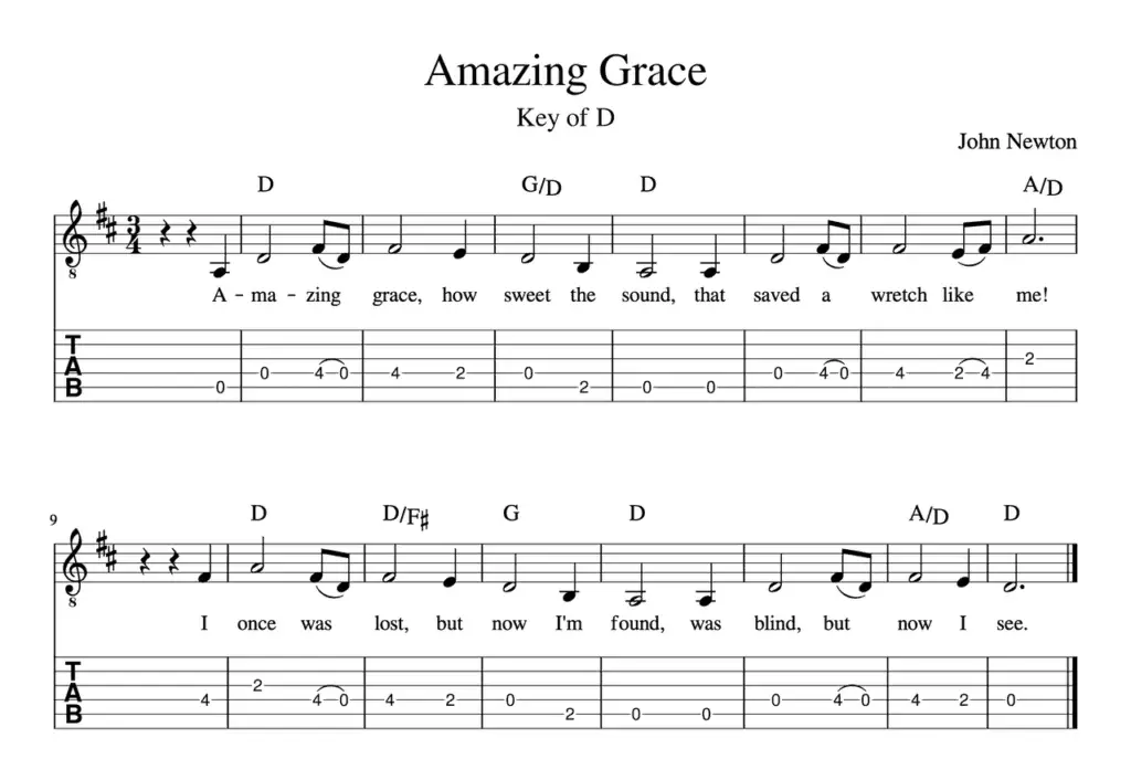 worship guitar lessons - Amazing Grace - Sheet Music - Tabs - Chords