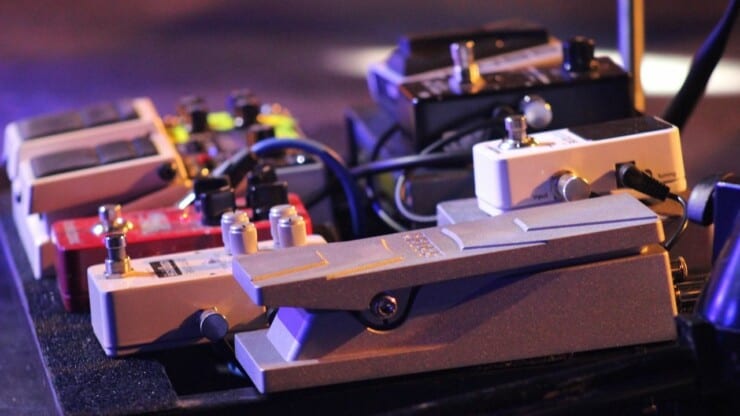guitar pedals attached in pedalboard